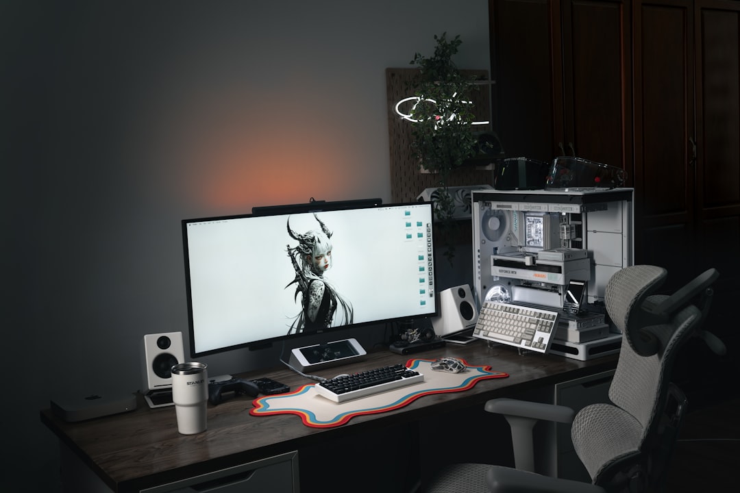 A Modern High End Office Space With A Sleek Desk Featuring A Laptop Displaying Stock Market Graphs